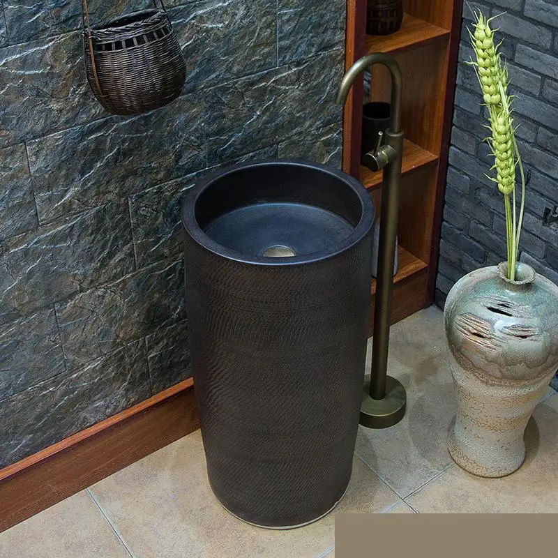 

Balcony Outdoor Toilet Washbasin Integral Basin Floor All Black Pedestal Wash Basin Freestanding Vanity Wash Sink