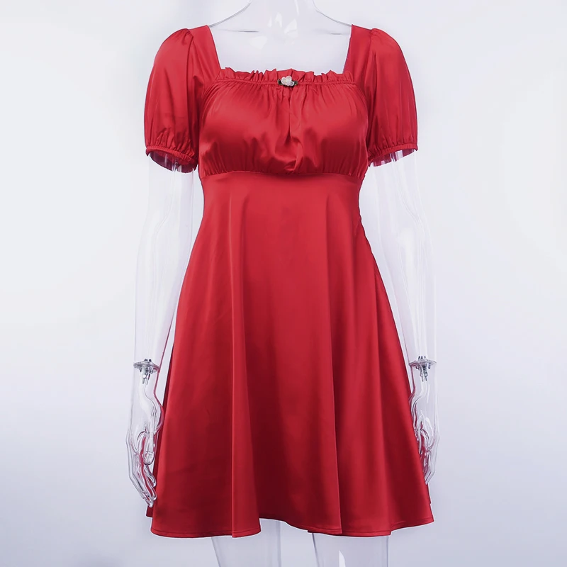 Летнее женское сексуальное платье с пышными рукавами, винтажное красное мини-платье с квадратным вырезом, женские платья для вечеринок, женское Элегантное повседневное платье