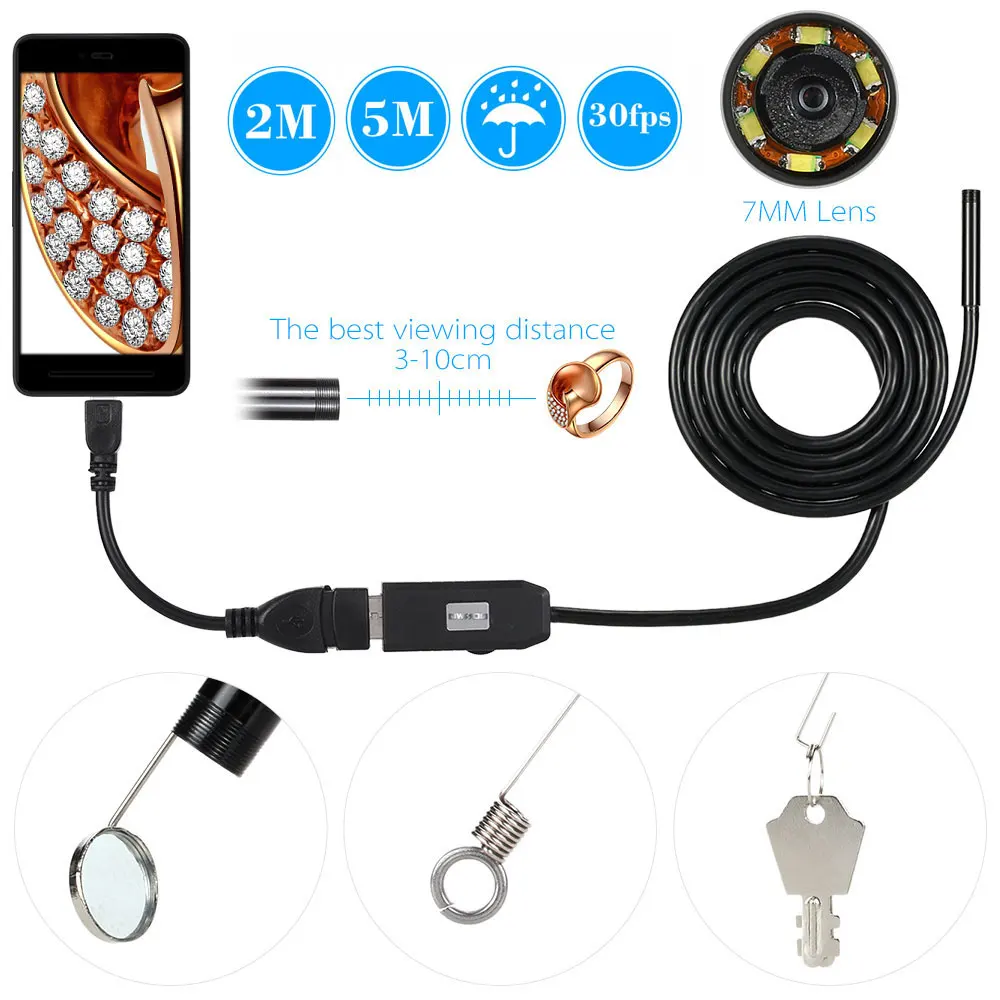 

OWSOO 2/5M Lens Endoscope IP67 Waterproof Inspection Borescope USB Wire Snake Tube Endoskop Camera 6LEDS for Android Smartphones