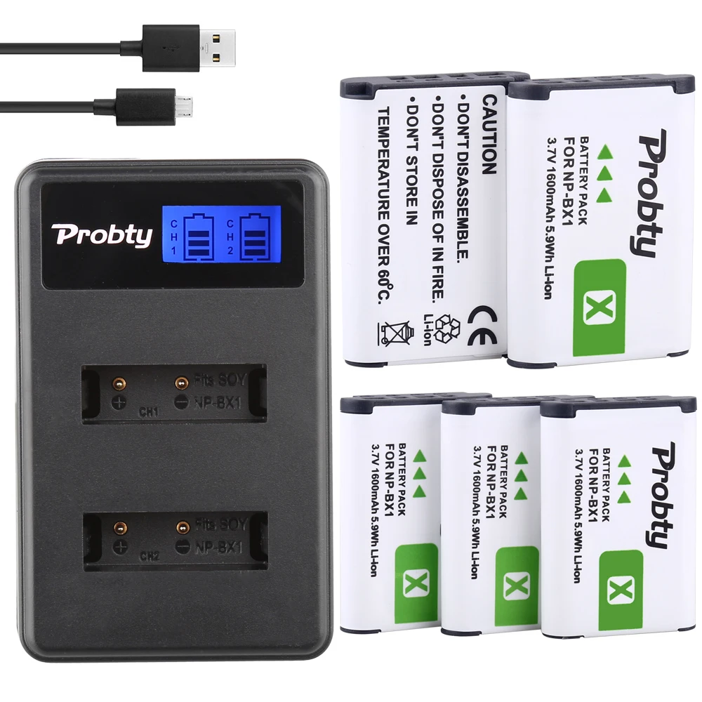 5Pcs PROBTY NP-BX1 NP BX1 Batteries + LCD Charger For Sony DSC-RX100 DSC-WX500 IV RX10 II HX300 WX300 HDR-AS15 CX240E HDR-AS300 |