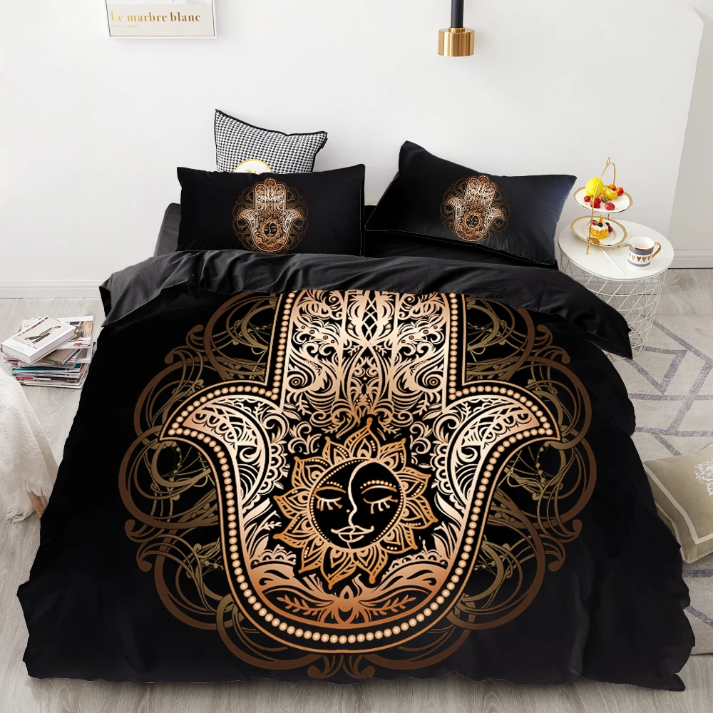 

3D HD Digital Printing Custom Bedding Set,Black Duvet Cover Set Queen Cal King,Bedclothes Gold hamsa hand Drop Shipping