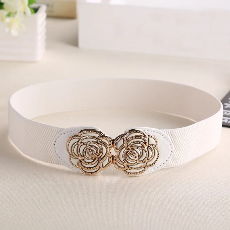 Hot Women Wide Waist Belt Vintage Metal Flower Elastic Stretch Buckle Waistband Cummerbunds black waist belt