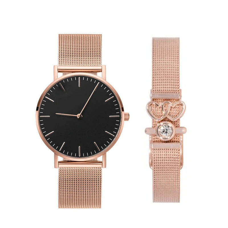 

Mavis Hare Rose Gold Mesh Watches with Black Pink White Seashell Dial Plate & Story Heart Slide Charm Mesh Bracelets