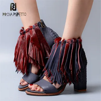 

Prova Perfetto Genuine Leather Horsehair Women Summer Sandals Tassels Chunky High Heels Gladiator Sandal Fringed Women Pumps