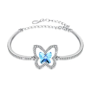 Полый браслет с бабочкой Кристалл от Swarovski браслет для женщин Сияющий розовый горный хрусталь 925 серебряные свадебные украшения - Цвет камня: Blue