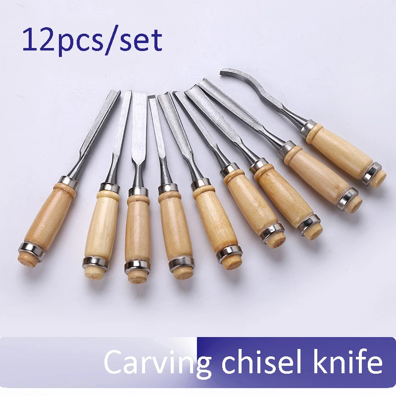 12pcs/set Wooden handle carving chisel knife Metal engraving knife