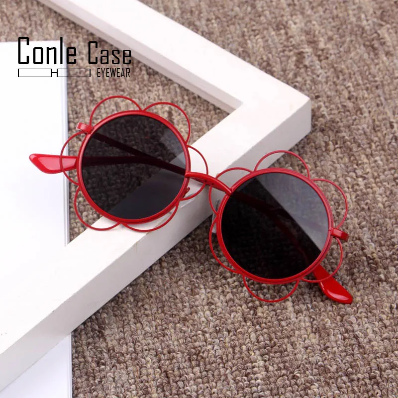 Conle Case, Корейская версия новых детских солнцезащитных очков, металлические маленькие цветы, детские солнцезащитные очки с защитой от УФ-лучей, цветные линзы - Цвет линз: RedBlack