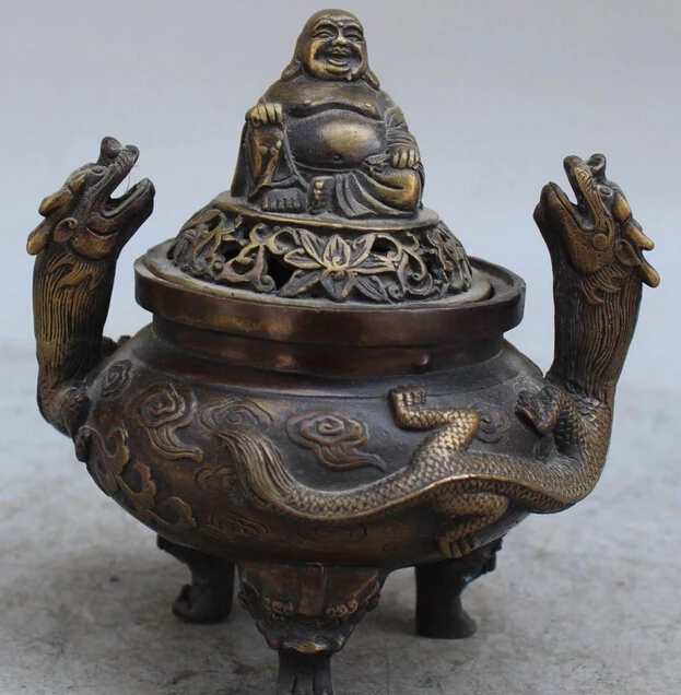 

7" Marked Chinese Bronze Dragon Maitreya Buddha Incense Burner Censer Statue S0708 Discount 35%