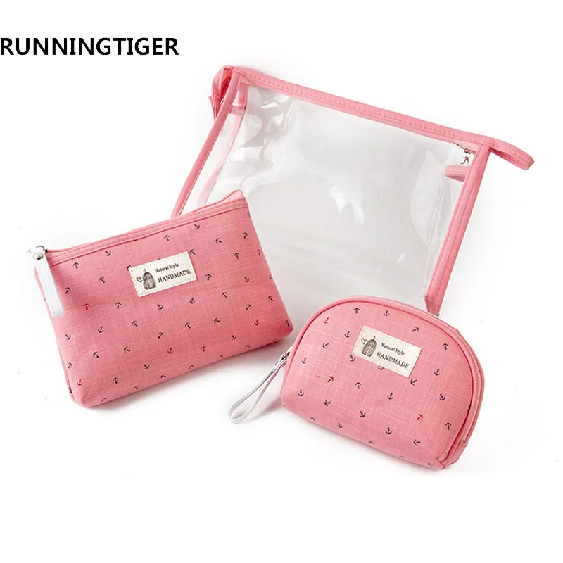 

RUNNINGTIGER Women Portable 3Pcs/Set Cosmetic Bags PVC & Canvas Female Makeup Bag Unisex Waterproof Travel Toiletry Bag