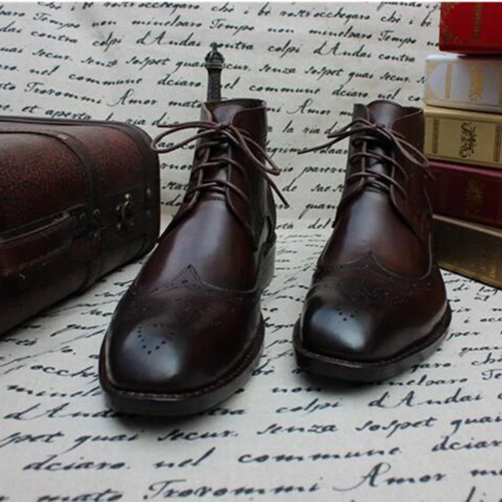 US $201.69 Sipriks Calf Leather Dark Brown Brogue Shoes Boots Mens Classic Lace Up Ankle Boot Square Toe Wingtip Casual Goodyear Welted