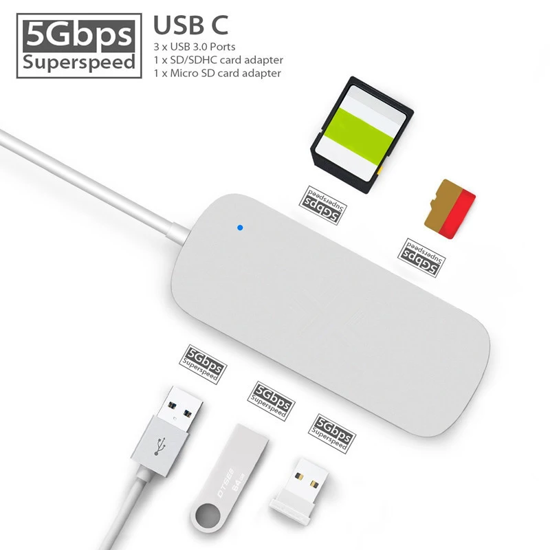 USB C концентратор type C Thunderbolt 3 док-станция 5 в 1 USB-C адаптер Dongle Combo с USB 3,0 портами TF слот Micro SD карта для MacBook Pro