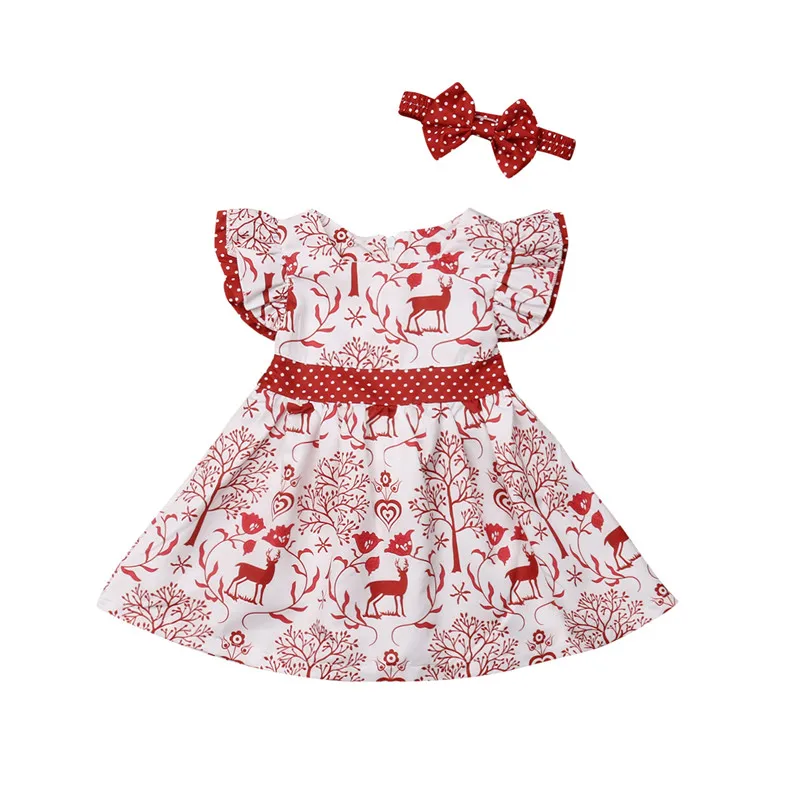 Рождественская одежда для маленьких девочек платья без рукавов с квадратным воротником и рюшами на молнии с принтом животных повязка на голову с бантом хлопковый комплект из 2 предметов - Цвет: Многоцветный