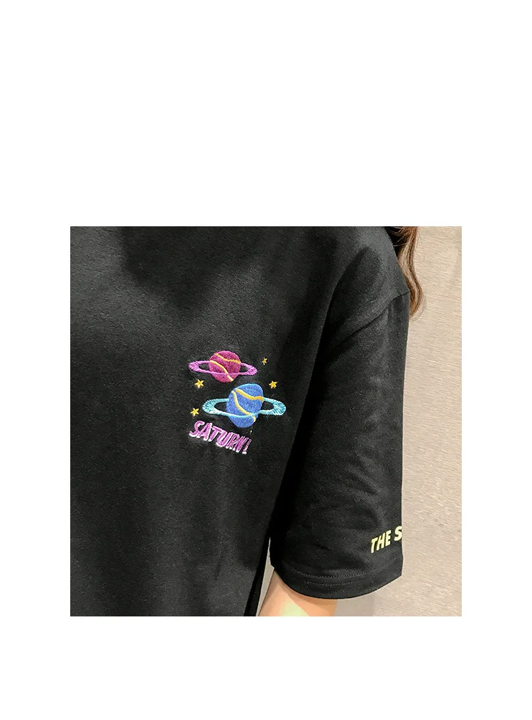 2018 Halajuku Cotton Planet Printed Letter Embroidered Loose Causal Short Sleeve Female T-shirts