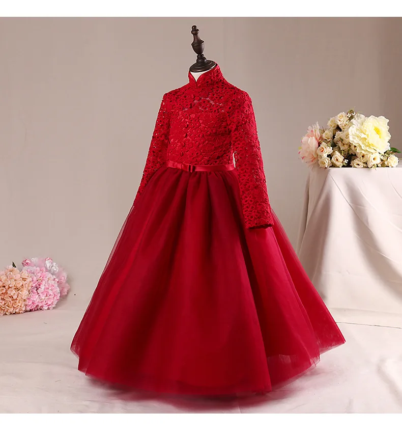 Высококачественное Красное длинное платье с цветочным узором для девочек, простое платье для девочек 3, 4, 6, 8, 10, 12, 14 лет, Рождественская Детская одежда, RKF185001