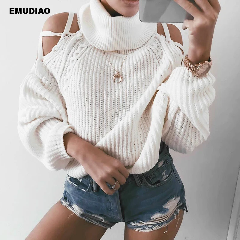 

Turtleneck Women Sweaters White Long Sleeve Knitteed Pullover Lace Up Sweater Woman Winter 2019 Casual Streetwear Female Clothes