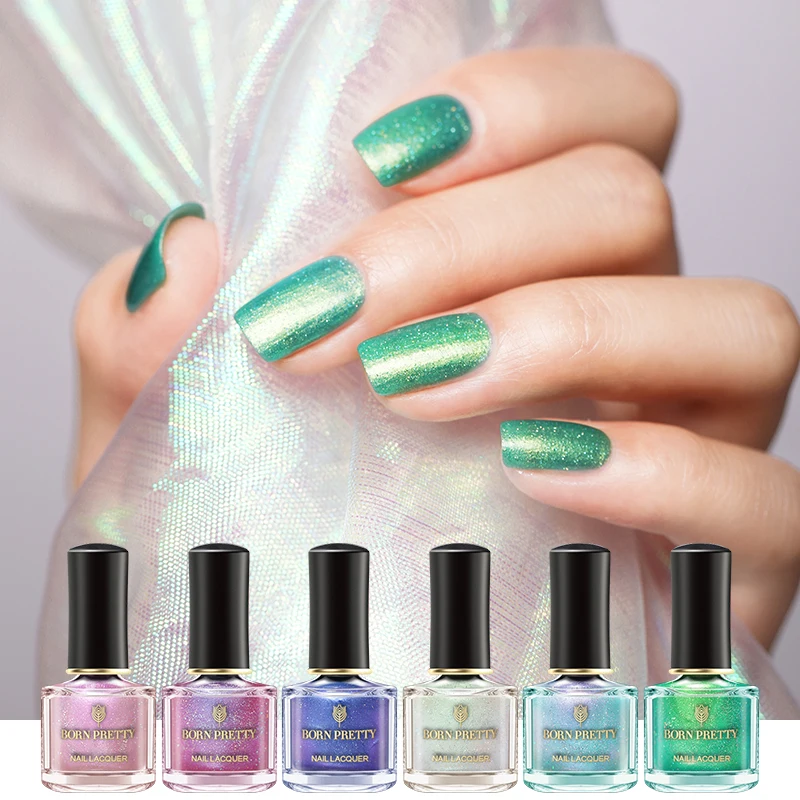 

BORN PRETTY 6ml Pearlescent Nail Polish Holographic Glitter Pearl Conch Design Green Silver Mixed Colors Nail Art Varnish