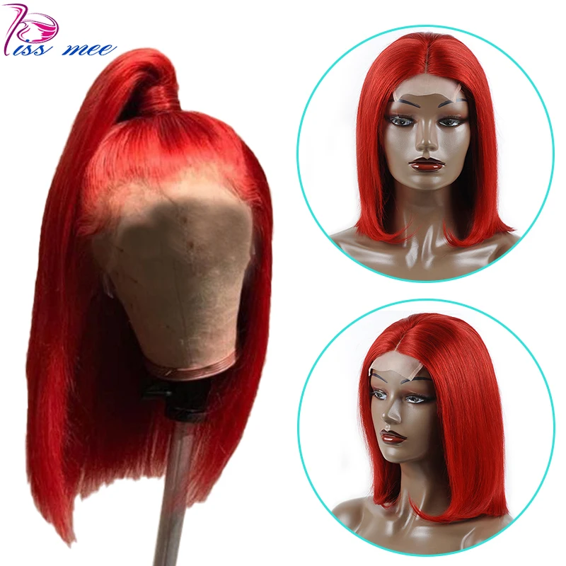 

Kiss Mee Red Straight Human Hair Lace Front Wig Ombre Burgundy Bob Short Human Wig For Black Women Remy Brazilian Lace Wig