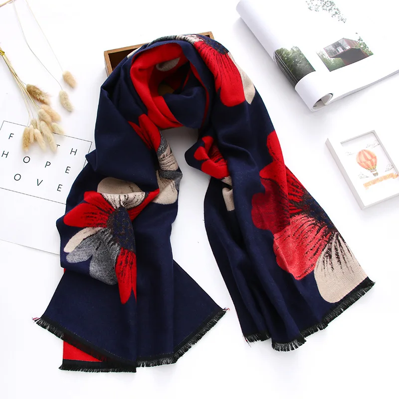 

new style 2019 floral women scarf winter shawls and wraps thick warm double-sides pashmina oversized blanket scarf echarpe femme