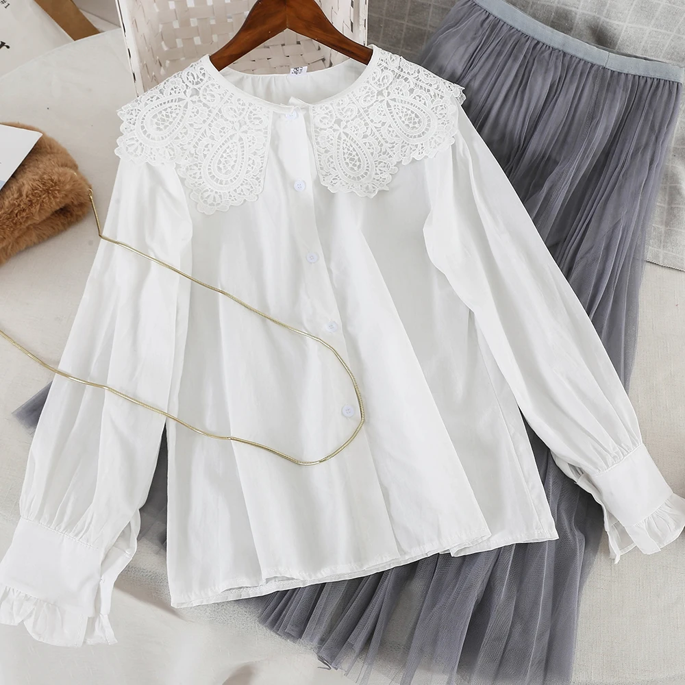 2019 spring lace peter pan collar long sleeve white shirt blouse women