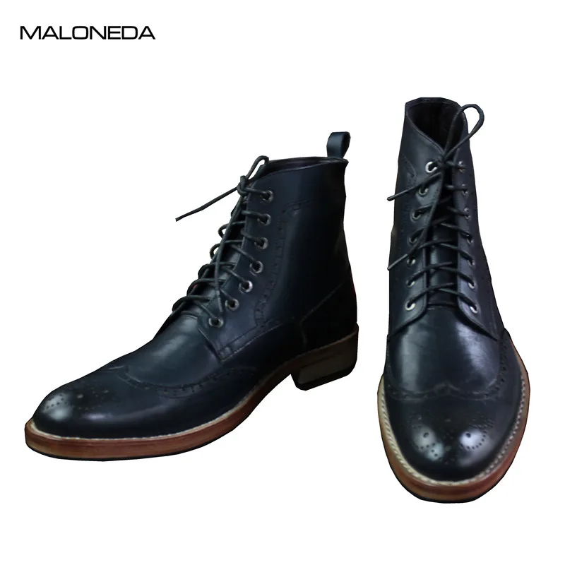 

MALONEDA Men's Genuine Leather Brogue Boots Bespoke Goodyear Welted Good Quality Dress Boots For Wedding Evening Party