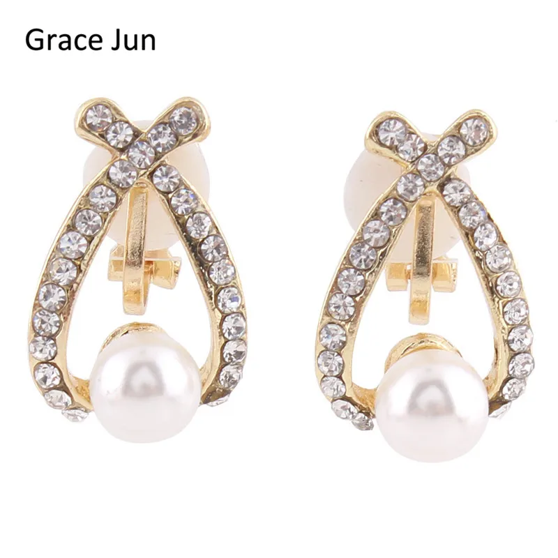 

Grace Jun Korea Style Bridal Simulated Pearl Rhinestone Clip on Earrings Without Piercing for Women Wedding Fashion OL Earrings