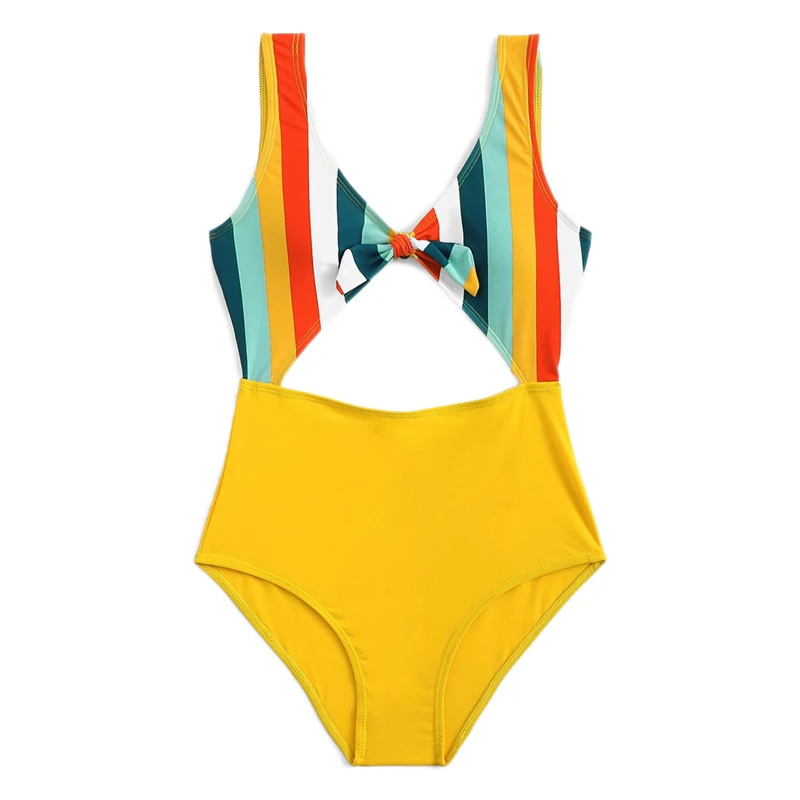 Romwe Sport Multicolor Striped Knot Front Cut Out Swimsuit Women Summer Beach Sexy Wireless Plunge Neck One Pieces Swimwear 25
