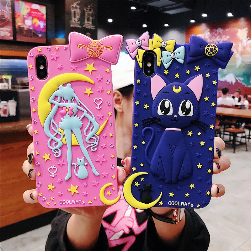 

For iphone 7 7plus Cute Cartoon Sailor Moon Lovely Soft Case cove For iPhone X XR XS max 6 6S 6Sp 8 8plus Luna Cat girls case