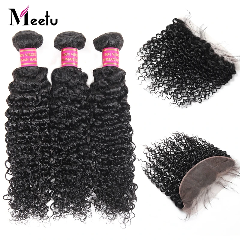 

Meetu Malaysian Curly Hair Bundles with Frontal 100% Human Hair Bundles with Closure 3 Bundles with 13x4 Lace Frontal Non Remy