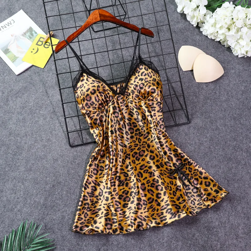 

Sexy Lingerie Nightgowns Sleepwear Women Sleeveless Nightwear Faux Silk Satin Nightshirt Lace Leopard Deep V-neck Nightdress