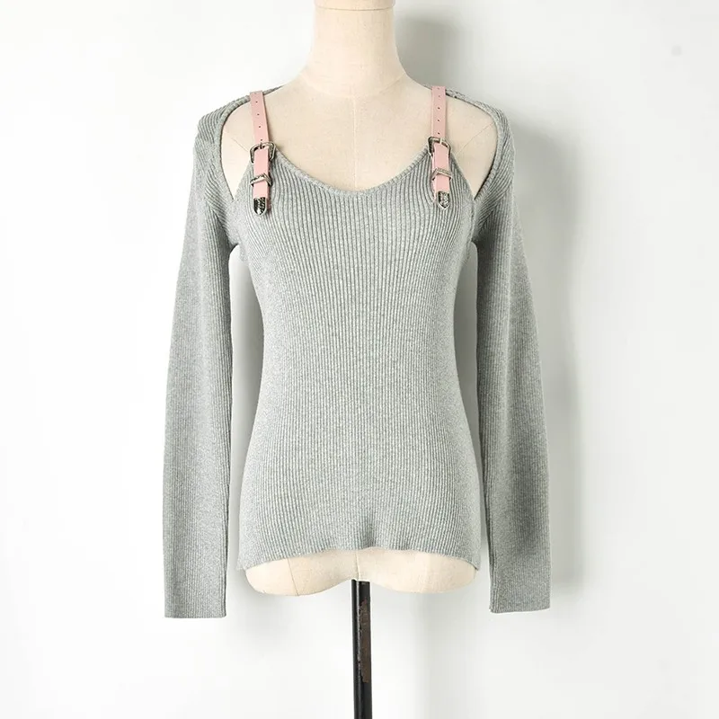 

Sexy Knit T Shirt 2019 Spring Women Fashion Long Sleeve Asymmetrical Neck with Belt Sexy Tops Women T-shirts Knitted Sweater