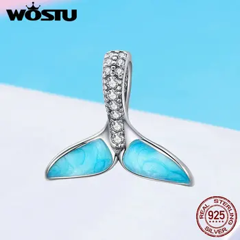 

WOSTU 925 Sterling Silver Blue Fishtail Beads Zircon Charms Fit Bracelet Pendant For Women Wedding Engagement Jewelry BKC1067