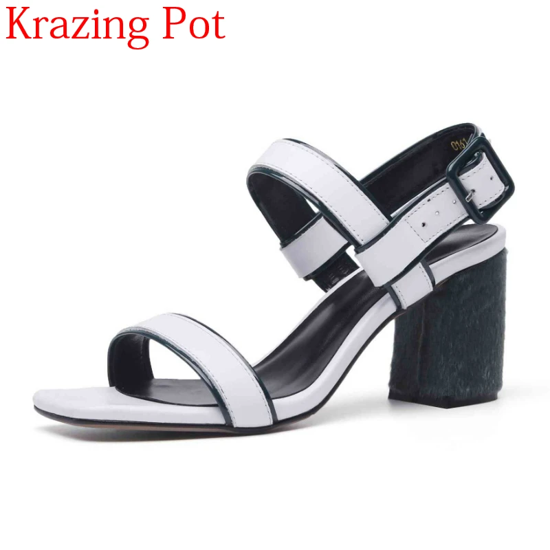 

Krazing pot cow leather model wear mixed color women sandals wedding thick high heels luxury summer office lady career shoes L61
