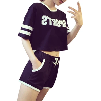 

ROPALIA Two Piece Set Female Letter Printed Crop Tee + Drawstring Shorts Women Tracksuit 2-piece Sets New Sports Suits for Women