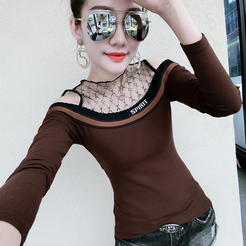 

European New Patchwork Sexy Off Shoulder Tshirt 2019 Autumn Winter Striped Top Clothes Shirt Camiseta Mujer Slim Shirt T97503