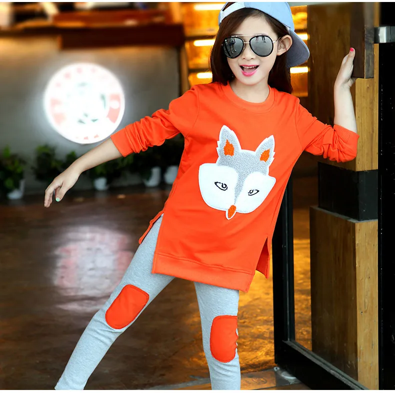 Комплект одежды для детей, футболка с длинными рукавами для девочек+ штаны, комплект из 2 предметов, спортивная одежда с принтом кота из мультфильма для детей 3-14 лет, комплект для отдыха для маленьких девочек - Цвет: orange