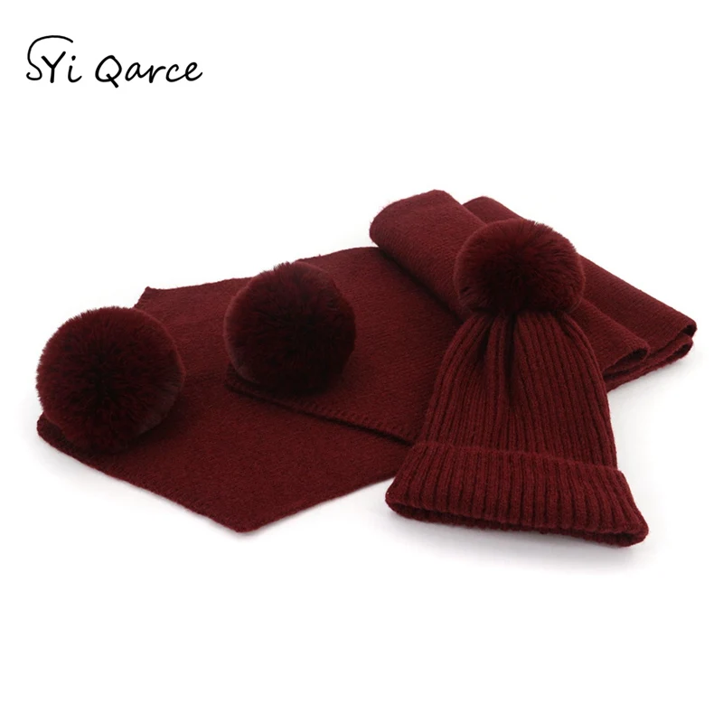 SYi Qarce 2 шт./компл. зимняя теплая вязаная шапка с шарфом, комплект модной одежды для девочек, для мальчиков; Верхняя одежда; зимние Утепленная одежда комплект NT159-67 - Цвет: Wine Red