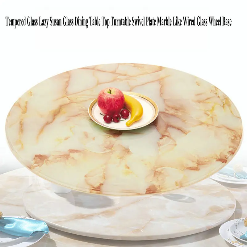 

HQ ML02 Tempered Glass Lazy Susan Glass Dining Table Top Turntable Swivel Plate Marble Like Wired Glass Wheel Base