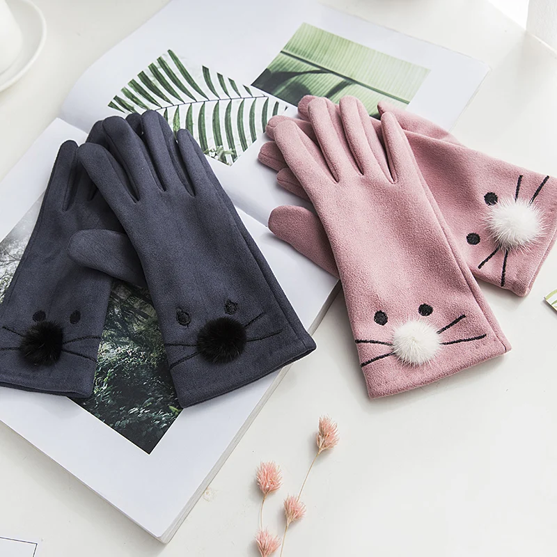 Перчатки для сенсорного экрана, женские осенние и зимние перчатки для студентов, красивые тонкие теплые перчатки с рисунками из мультфильмов