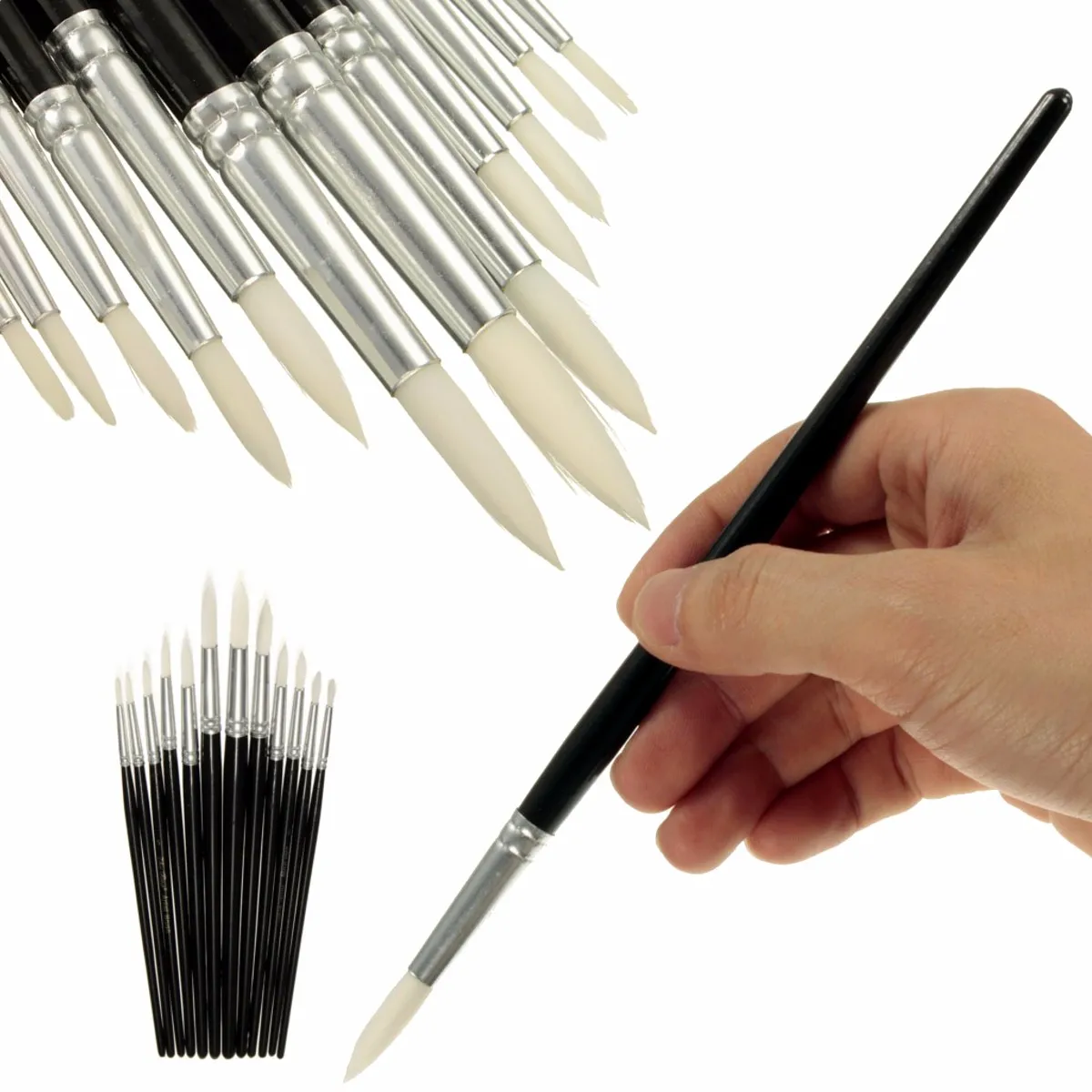 

KICUTE 12pcs Nylon Hair Paint Brush Set Artist Watercolour Painting Acrylic Oil Black for School Student Gifts Art Supplies