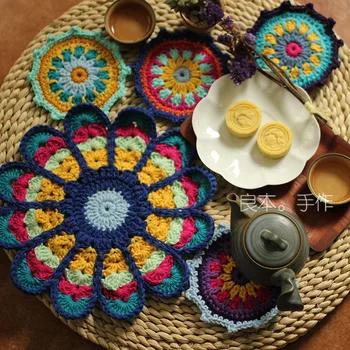 

Handmade Crochet Round Doilies Tea Ceremony Ancient Round Tea Peacock Screen Saucer Cushion Plate 26CM+12CM 10PCS