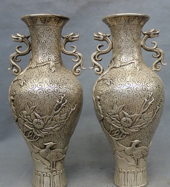 

bi003459 12" Chinese Silver Dragon Unicorn Statue Peacock Phoenix Flower Pot Vase Pair
