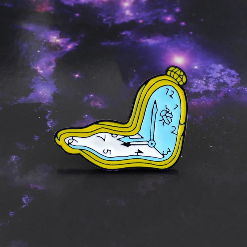 

Cartoon Melting clock enamel Pin Dali clock styling Brooch Cute collar Cowboy backpack Badge Personality Fashion Accessories