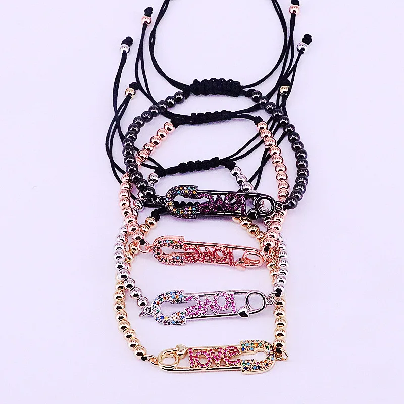 

10Pcs Micro pave cz zircon safety pin connecctors with 4mm Copper Beads Braided Adjustable Jewelry Bracelet