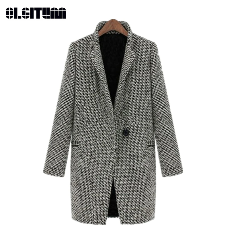 Comprare Nuovo 2018 Inverno e in Autunno di Grandi Dimensioni Turn giù il Collare Lungo Allentato Pied De Poule Di Lana Giacca Sportiva Delle Donne Ispessimento di Lana Del Cappotto