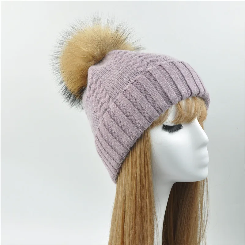 Winter Real Raccoon Fur Pom Pom Hat Women Ladies Wool Knitted Cap With