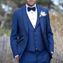Blue Men Suits for Groom Wear 2018 Black Shawl Lapel Three Piece Wedding Groomsmen Tuxedos (Jacket + Pants +Vest)