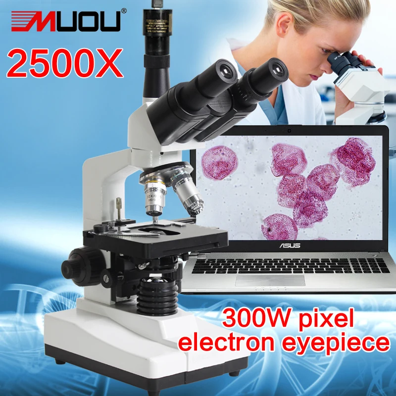 

MUOU Lab Compound Microscope--MUOU 2500X LED Lab Trinocular Biological Microscope Metal student +3MP electronic eyepiece