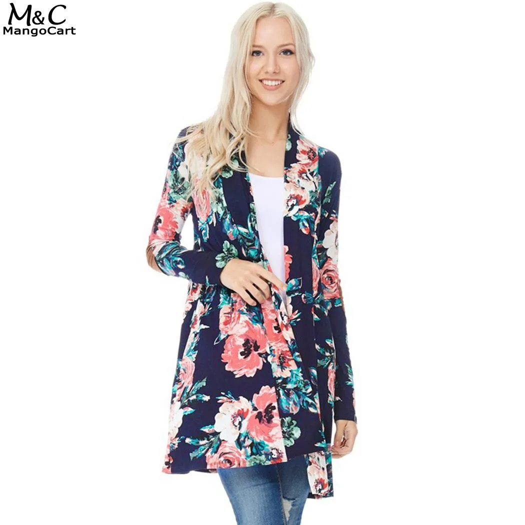 Autumn Cardigan Women 2017 Casual Poncho Women Cardigan Open Front Long Sleeve Floral Print Long 