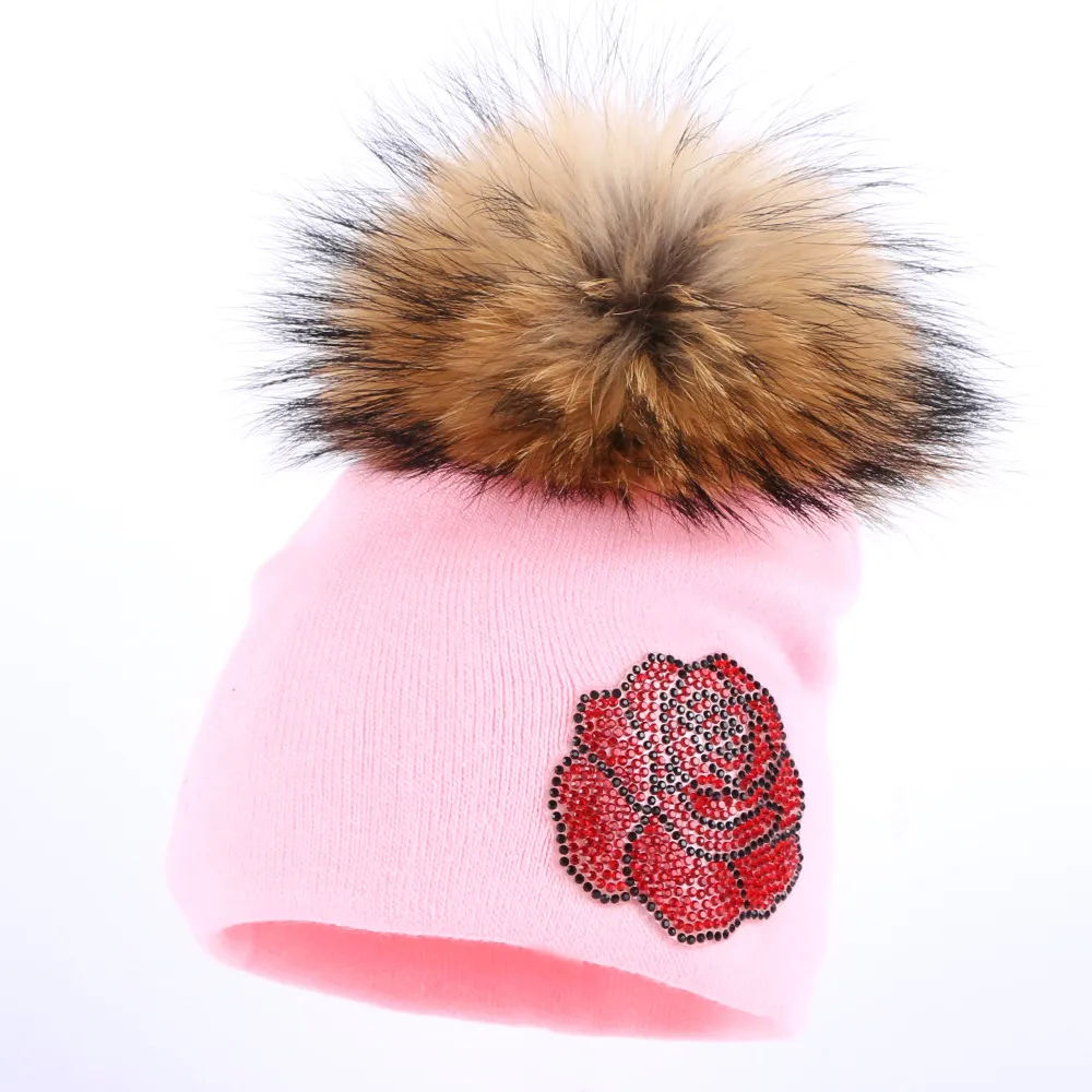boy girl kids lovely mink pompom skullies hat baby fashion beanies