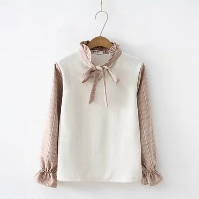 

autumn winter Faux two pieces plaid long sleeve shirt blouse 54417